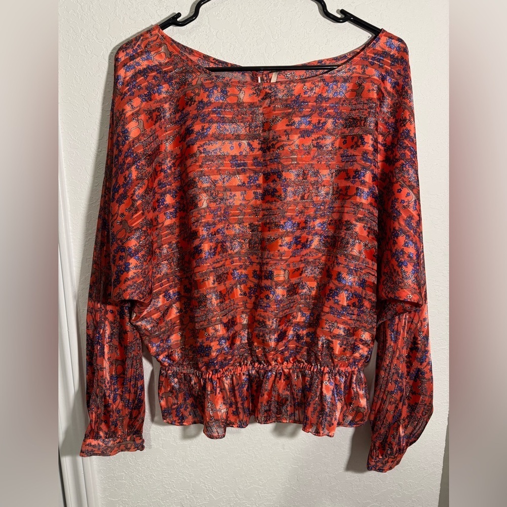 Free People Floral Golden Metallic Striped Boho Peplum Sheer Blouse Size Medium